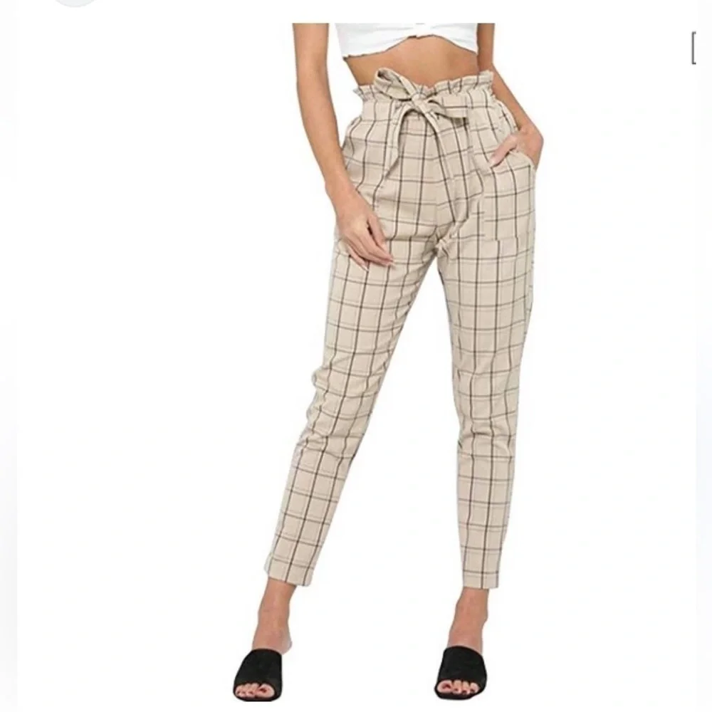 Belted frill high waist plaid pants